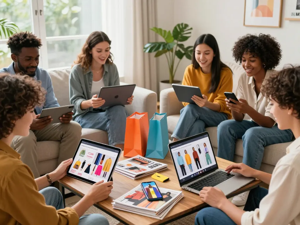 Excited customers engaging with online shopping at https://hubet88.icu/ in a vibrant home setting.