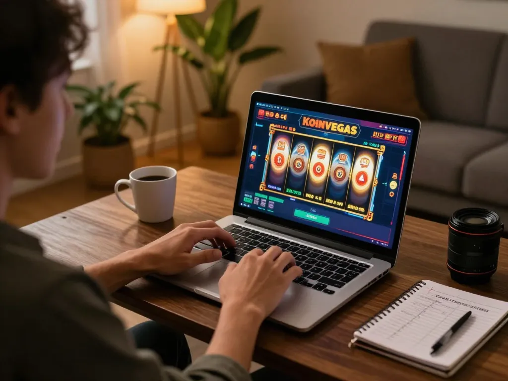 Engaging gameplay on KoinVegas slot in a relaxed home setting, showcasing strategy notes and a cozy atmosphere