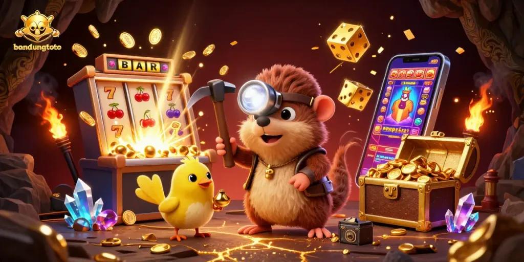 Experience thrilling gameplay with bandungtoto, as a mole and canary uncover riches in a vibrant casino environment.