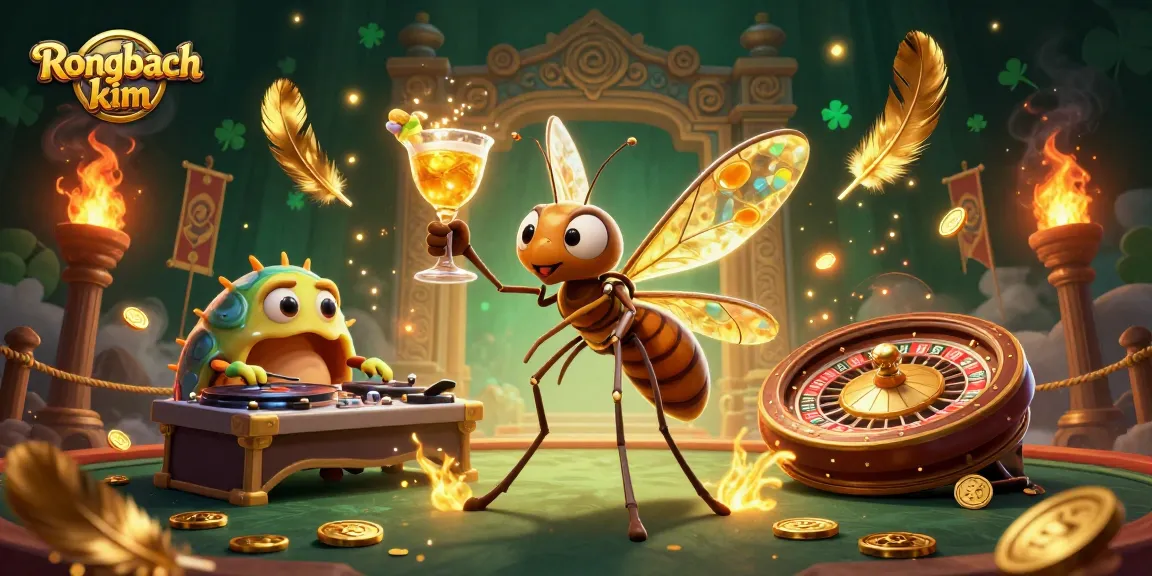 Engage with Rongbach kim as the vibrant casino mascot amidst golden elements, enjoying thrilling gameplay.