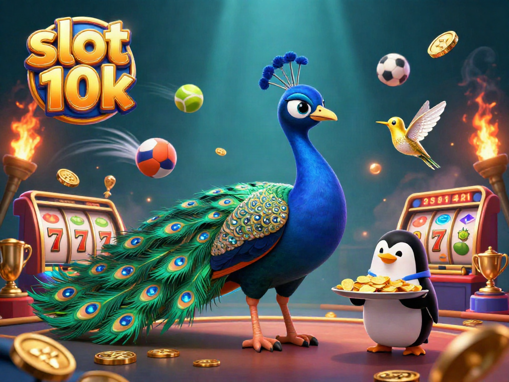 Enthralling scene featuring slot 10k with a peacock, penguin, and hummingbird amidst lively casino elements.