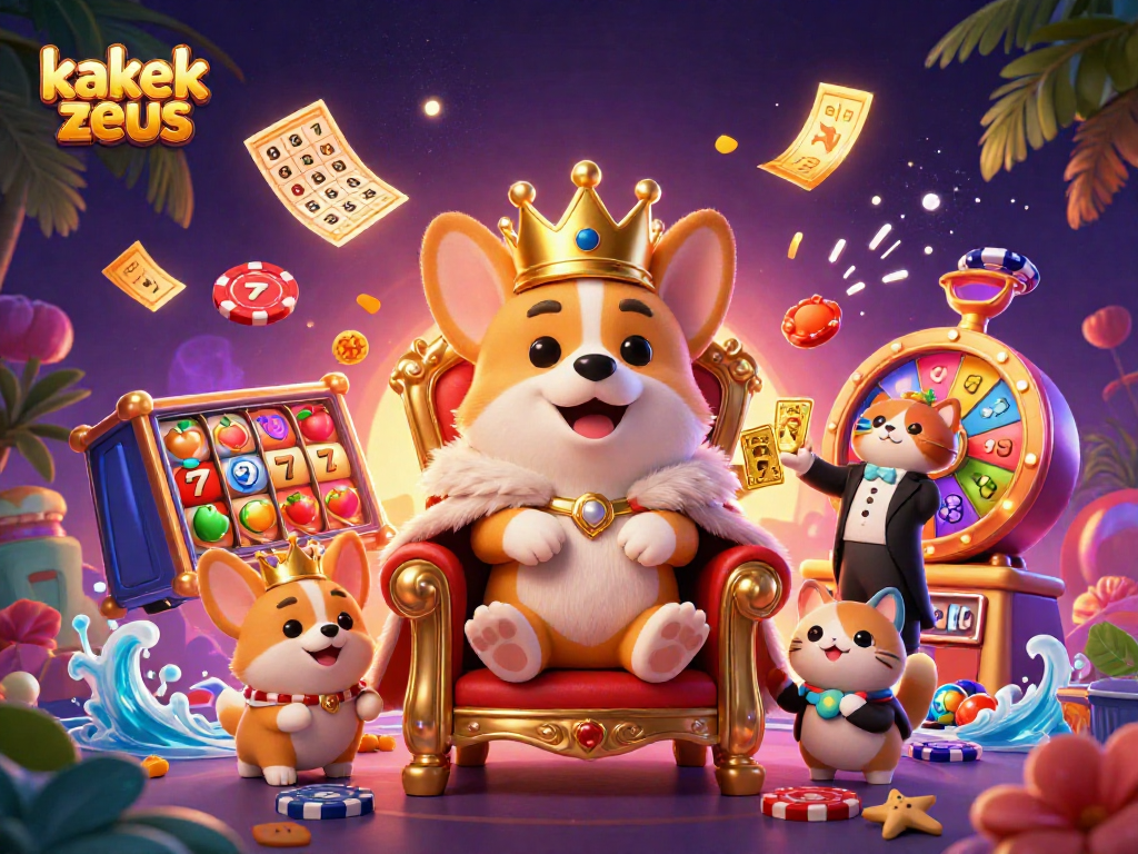 Engage with kakek zeus as a cheerful character sitting on a throne surrounded by vibrant slot elements.