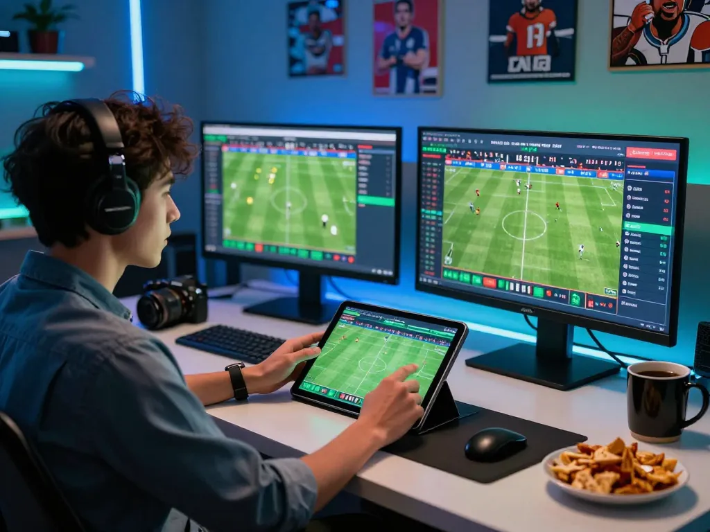 Engaged sports bettor analyzing odds for keo nha cai on multiple screens in a modern setup.