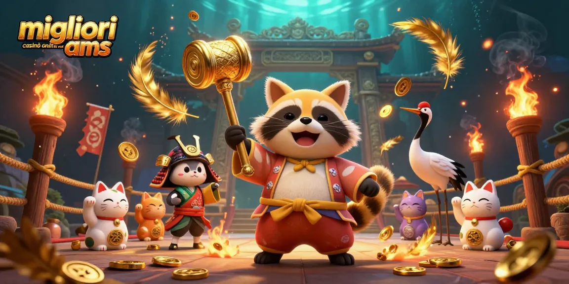 Illustrazione dei migliori casinò online non aams che mostra un gioioso tanuki e gatti fortunati in mezzo a elementi festivi da casinò.