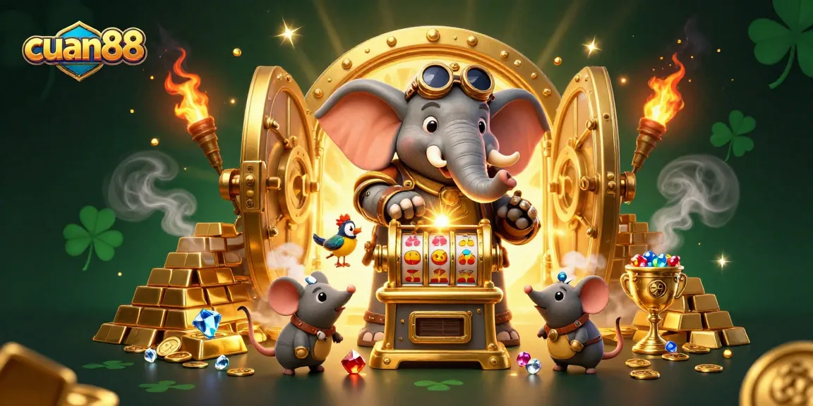 Menang besar di mesin slot CUAN88 dengan ratusan koin emas, berlian, dan efek cahaya berkilauan.