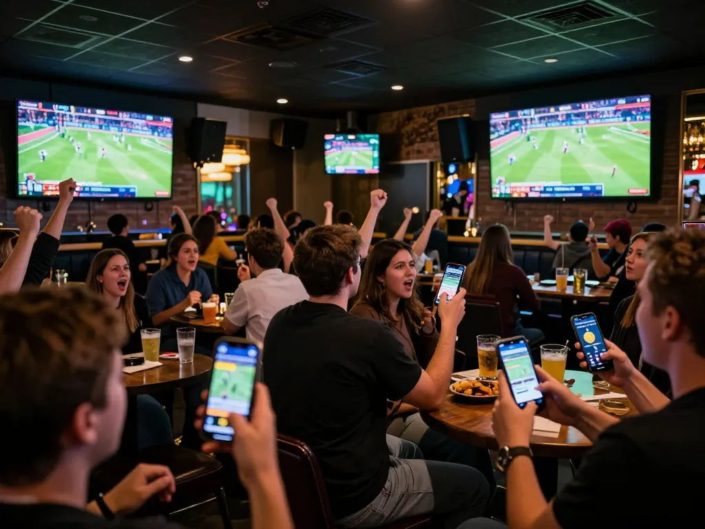 Fans engaging with nano banana flash betting apps during a bustling sports game atmosphere