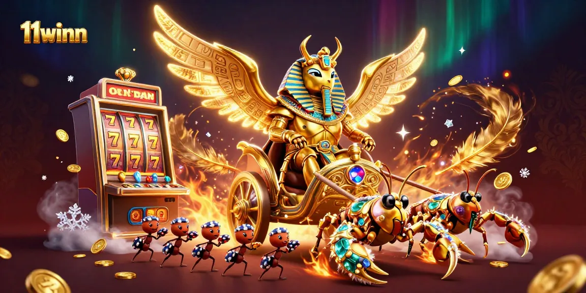 Engage with 11winn's vibrant casino action featuring slot reels and treasure in an epic scene.