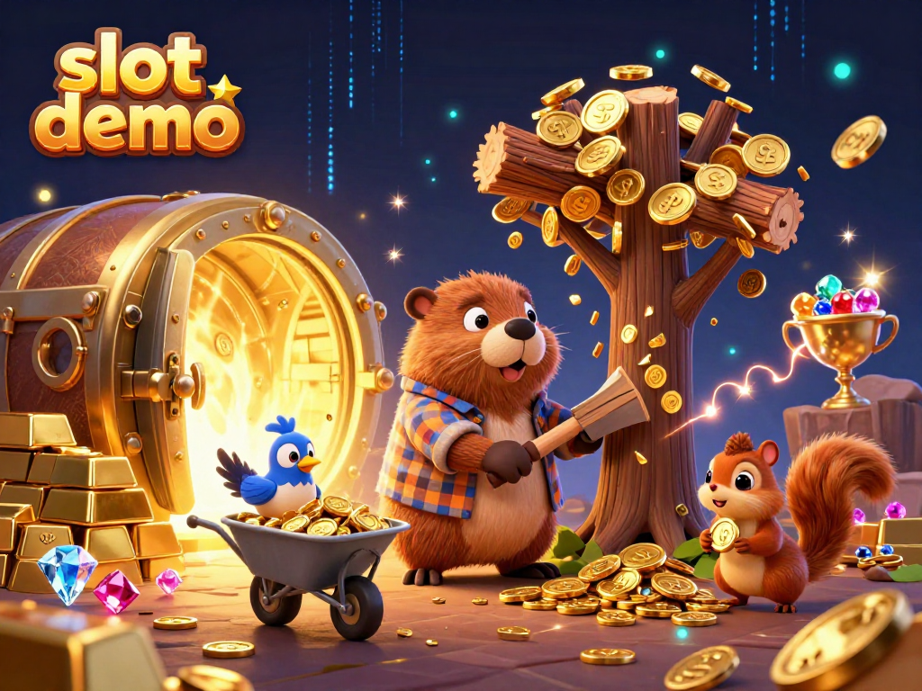 Slot demo menampilkan beaver pemotong pohon emas dengan burung dan tupai, simbol keberuntungan judi.