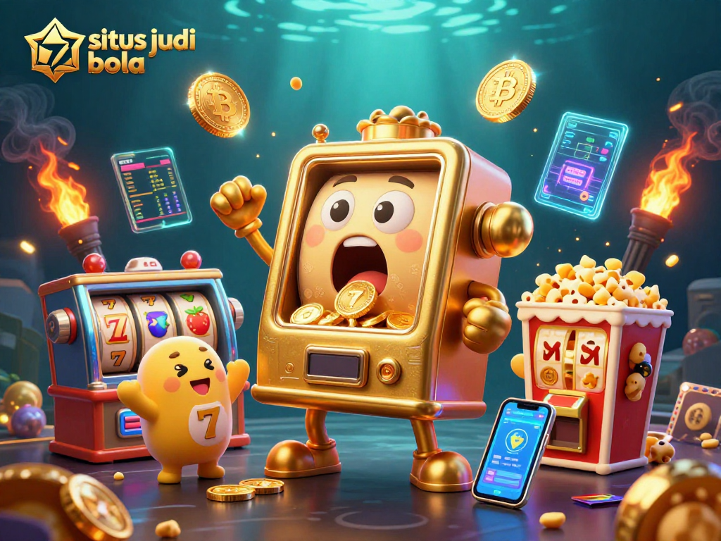 Experience thrilling wins at situs judi bola with a festive scene featuring a golden slot machine hitting its jackpot.