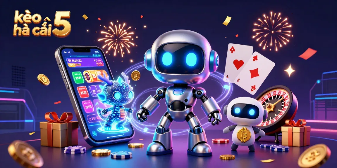 Engage with kèo nhà cái 5 through a vibrant 3D illustration showing a cyberpunk robot, AI dragon, and drone amidst sports betting elements.