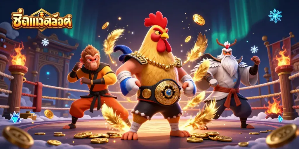 Engage with ชื่อเกมสล็อต featuring a dynamic scene of a fierce Muay Thai rooster and martial artists amidst a vibrant casino atmosphere.