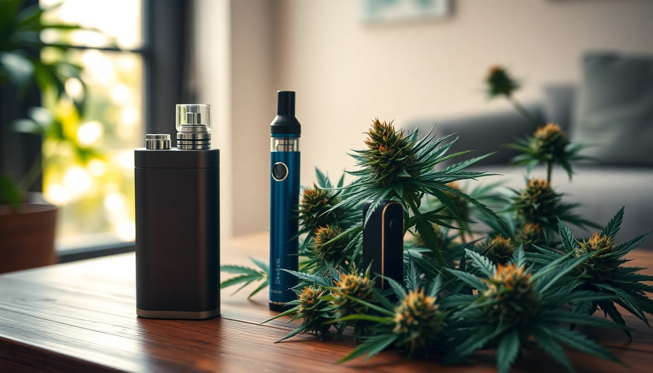 Vape pens and cannabis flowers showcase sites to buy weed in a relaxed setting.