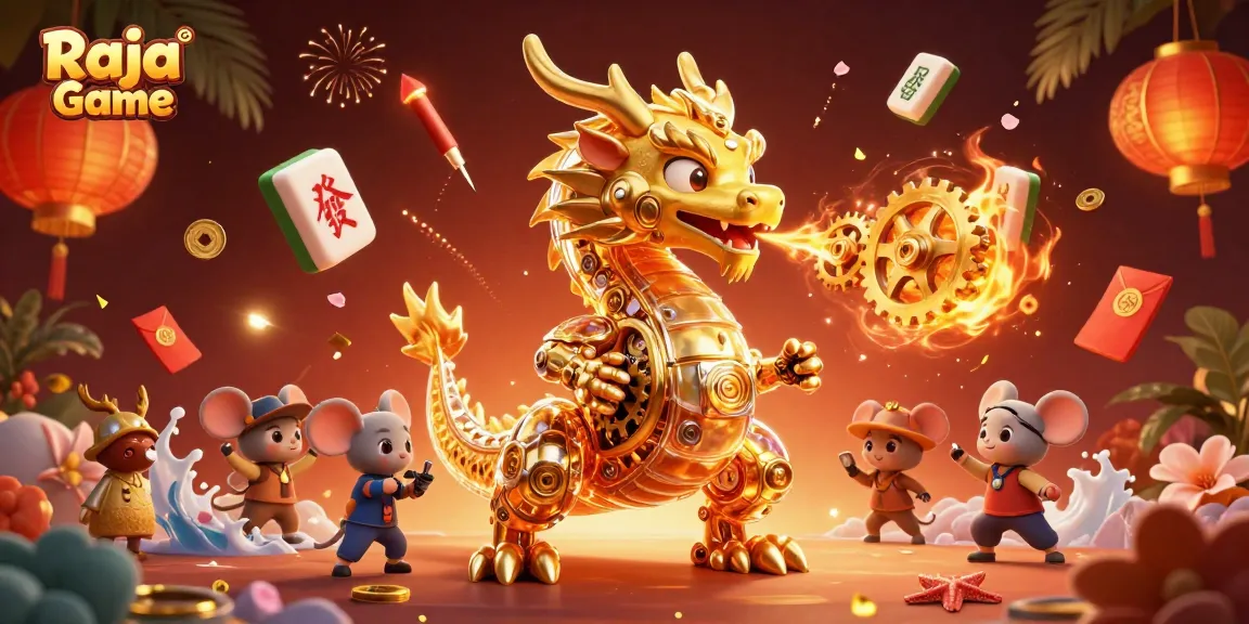 Engage with thrilling jackpot games on Raja Game with a stunning golden dragon illustration.