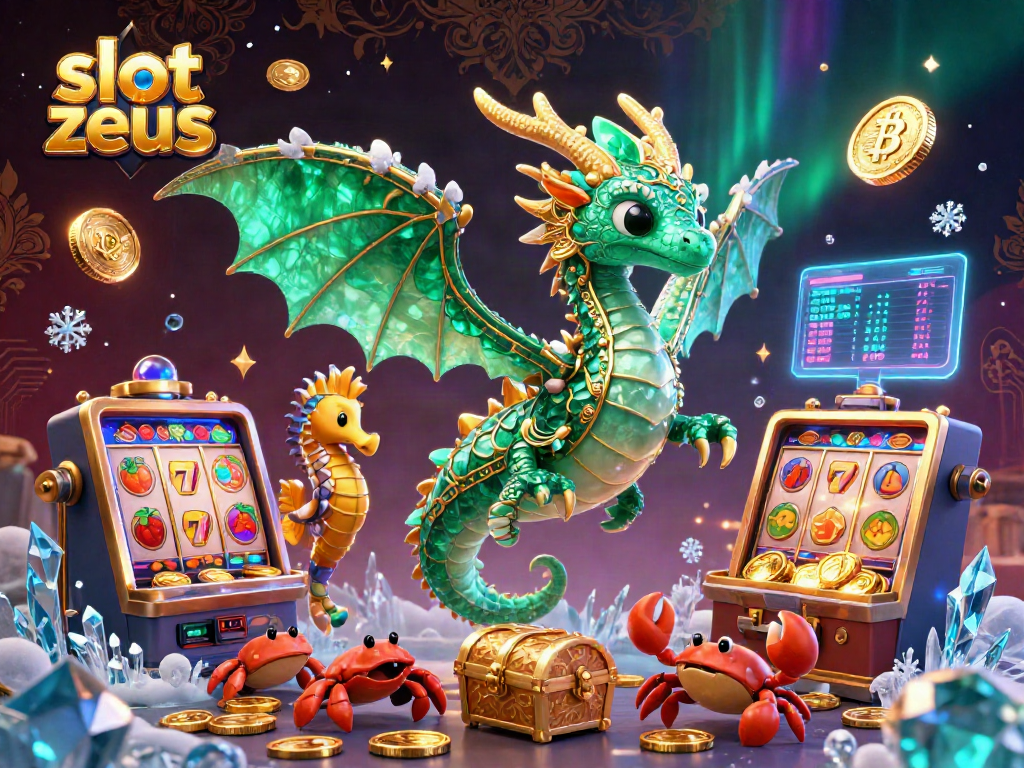 Experience the excitement of slot zeus with vivid slot machines, a vibrant dragon, and glowing cryptocurrencies.