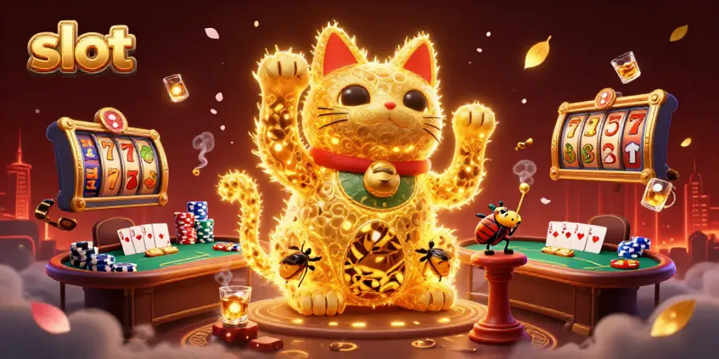Experience the thrill of slot gaming with a lucky cat and vibrant casino symbols in this dynamic 3D illustration.