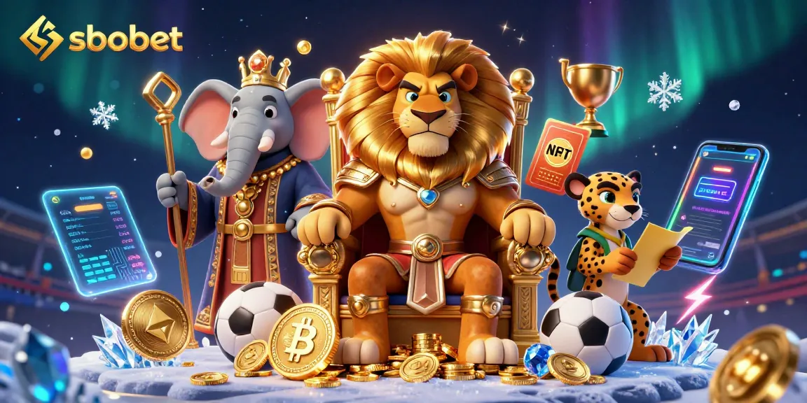 Engage in thrilling sbobet sports betting with a royal lion king surrounded by dynamic elements.