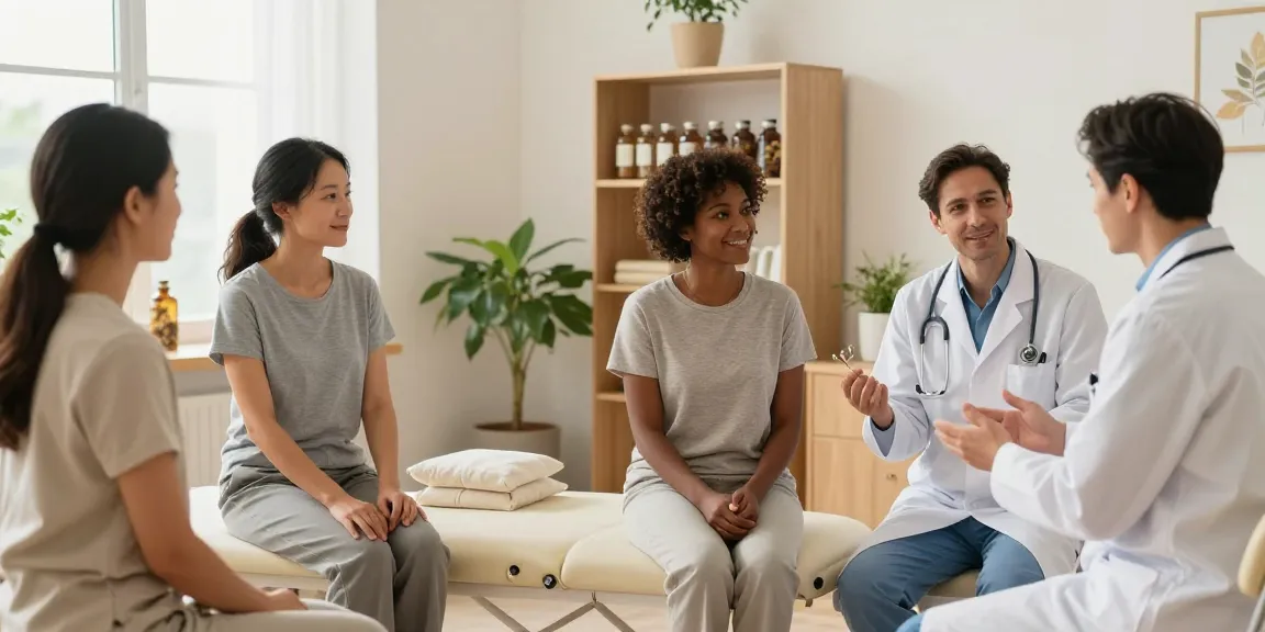 Engaging scene at 영통한의원 with healthcare professionals and patients in a welcoming clinic.