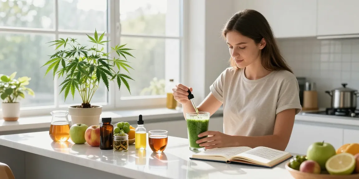 Experience wellness as you acheter chez Ministry of Cannabis, featuring CBD oil and organic ingredients in a bright kitchen.