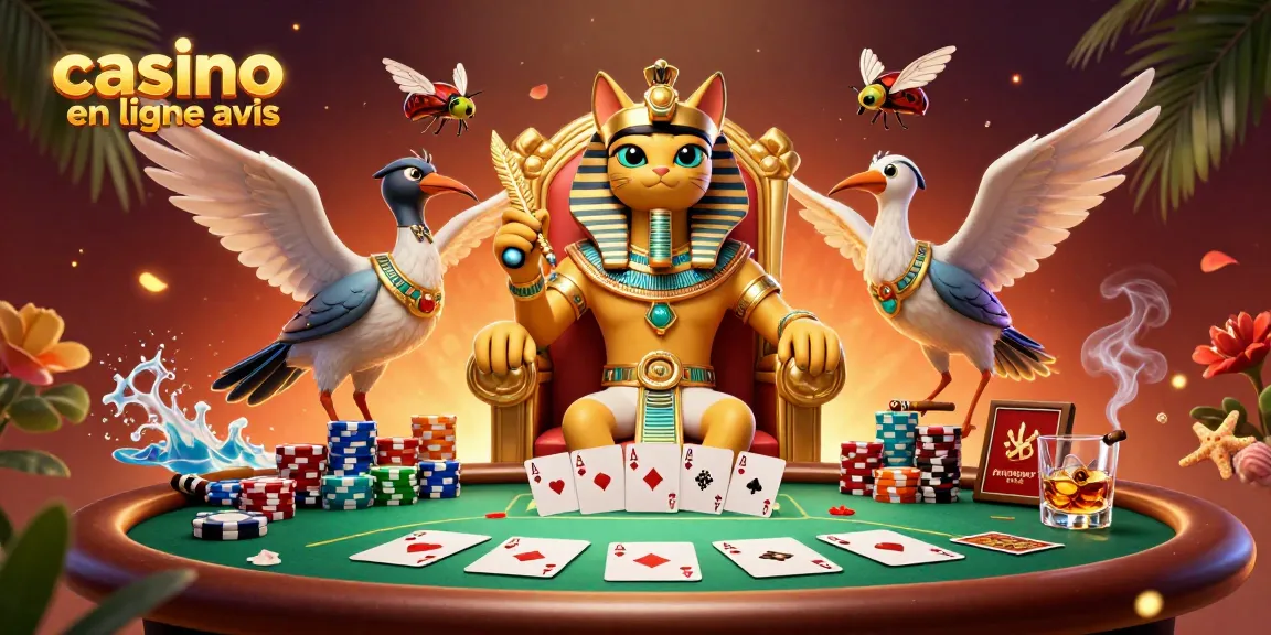 Profitez des avis sur les meilleurs casinos en ligne avec un pharaon égyptien dans un décor ludique.