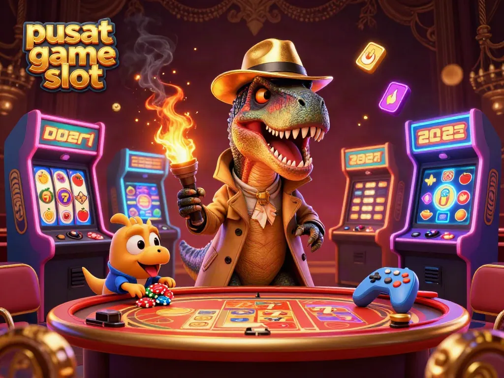 Engage with exciting pusat game slot action featuring a velociraptor at the gaming table with casino elements.