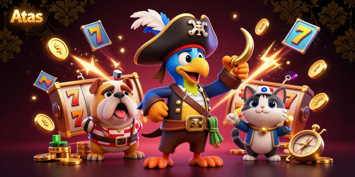 Atas Casino features lively 3D characters amidst vibrant slot machines, jackpot symbols, and dynamic casino excitement.