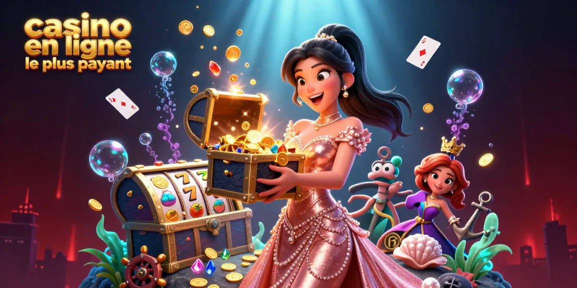 Plongez dans l'excitation du casino en ligne le plus payant avec une femme joyeuse tenant un coffre au trésor rempli de gemmes et de pièces.