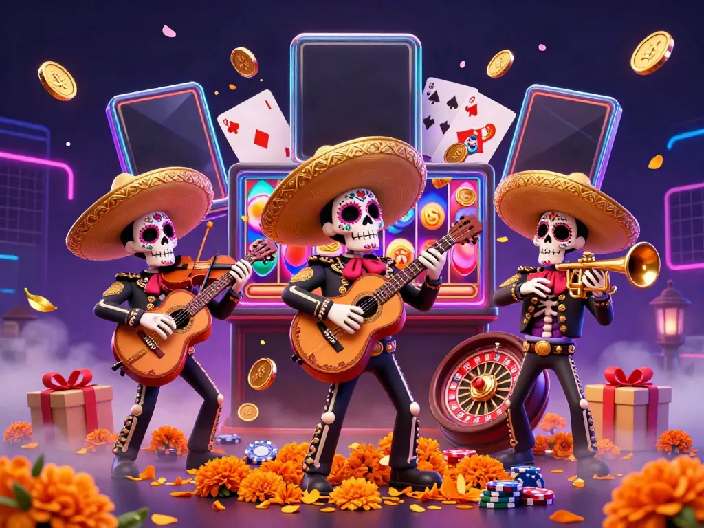 Play vibrant casino games with gacor123 amidst a lively 3D mariachi band scene.