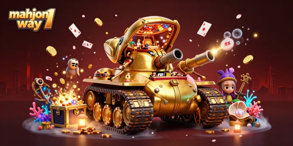 Play Mahjong Way 1 with winning strategies in this dynamic casino-themed illustration featuring a golden beetle tank.