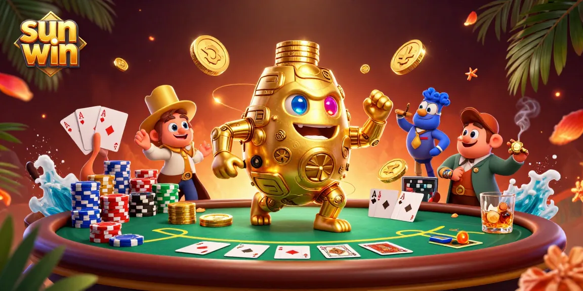 Experience thrilling gameplay at sun win with a 3D golden golem surrounded by poker elements