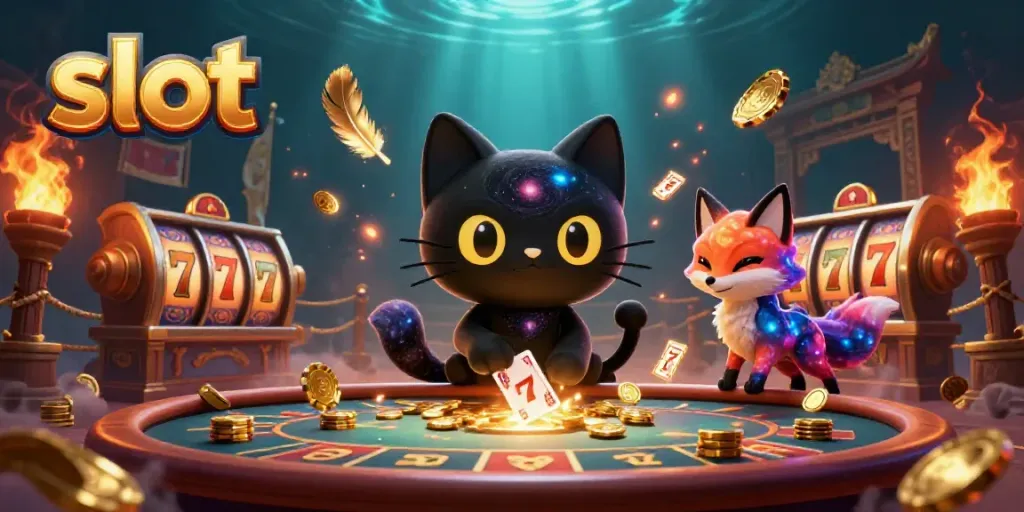 Experience the thrill of slot games with this cosmic casino scene featuring a black hole cat and nebula fox.