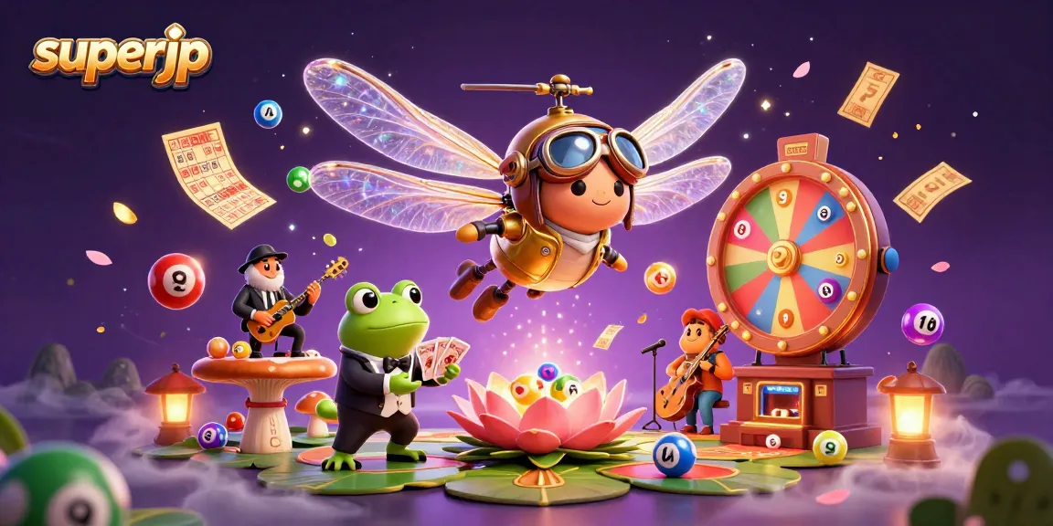Engage with superjp at a vibrant lily pad casino scene full of energy and colorful lottery elements.