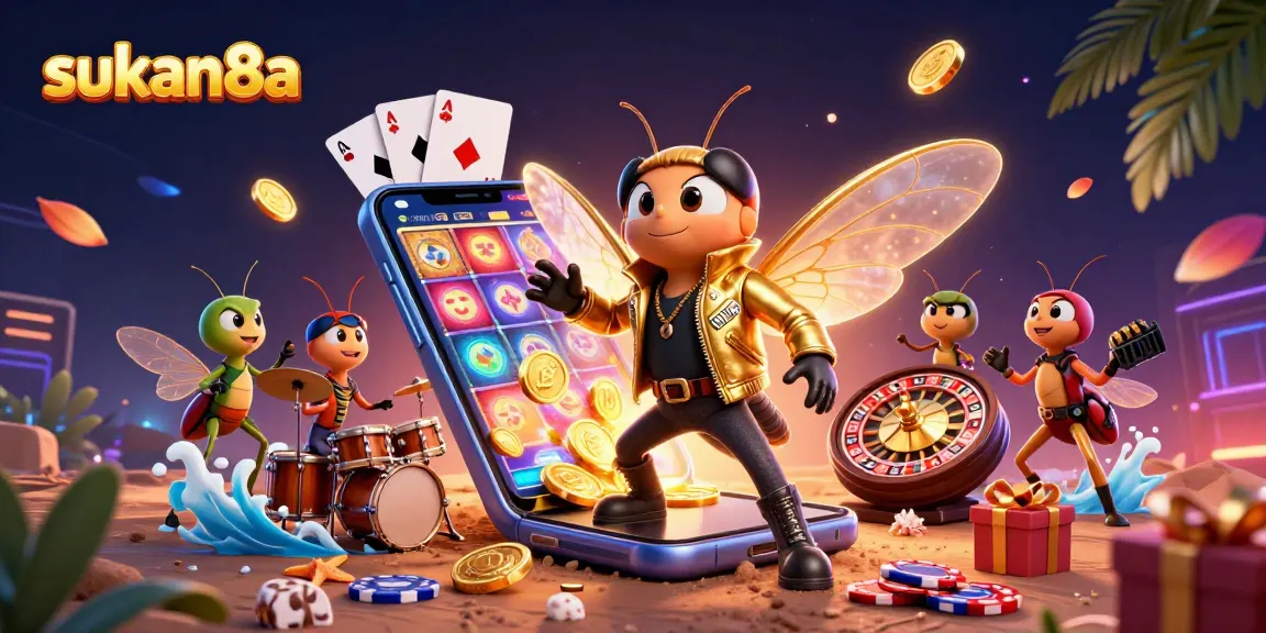 Sukan8a captivates with vibrant 3D cartoon gambling scene featuring a cicada rock star, slot games, and dynamic casino elements.