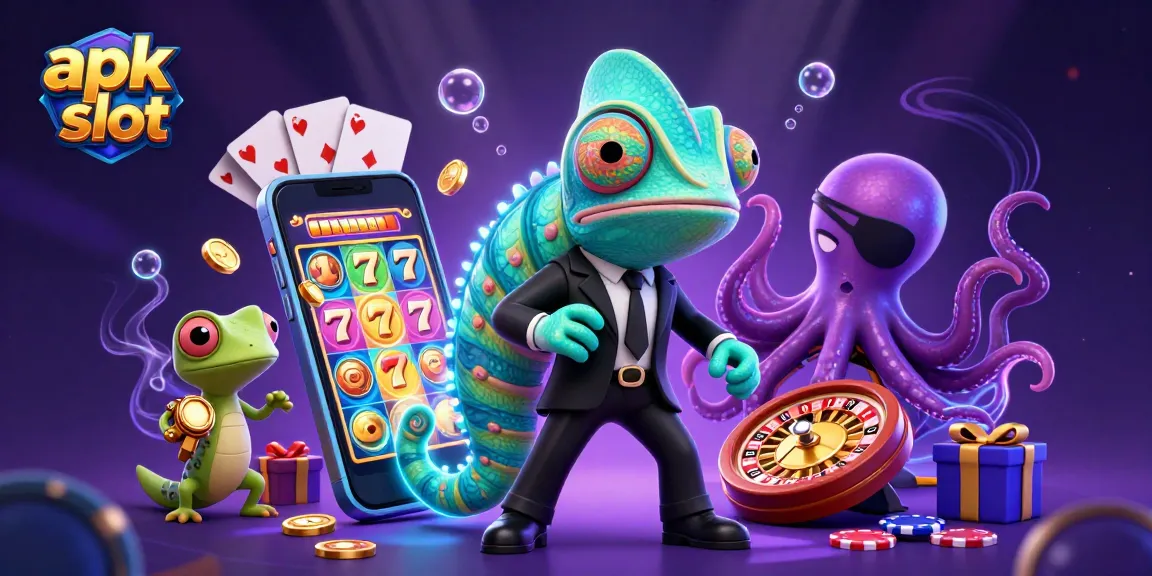 Fitur slot apk yang menarik dengan chameleon rahasia dan octopus di latar belakang penuh warna.