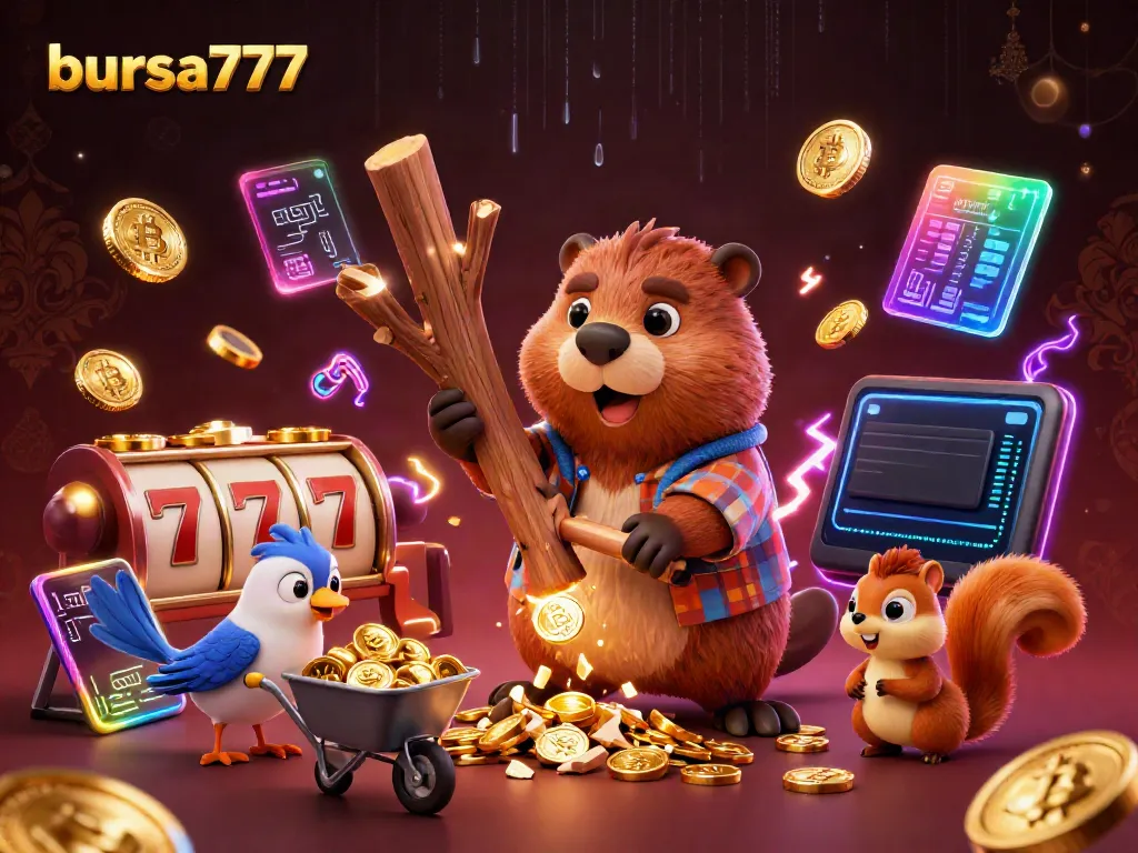 Bursa777 menawarkan permainan slot online menarik dengan slot reels dan jackpot mengelilingi gambar hewan lucu dan koin emas.