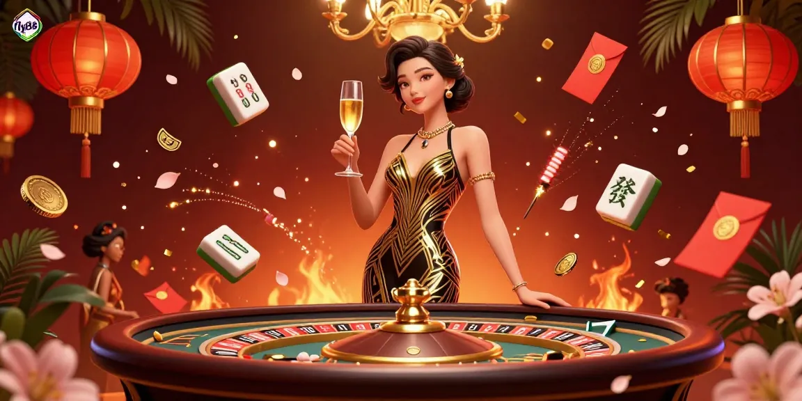 Experience the excitement of gambling with fly88, featuring a glamorous scene of roulette and festive elements.