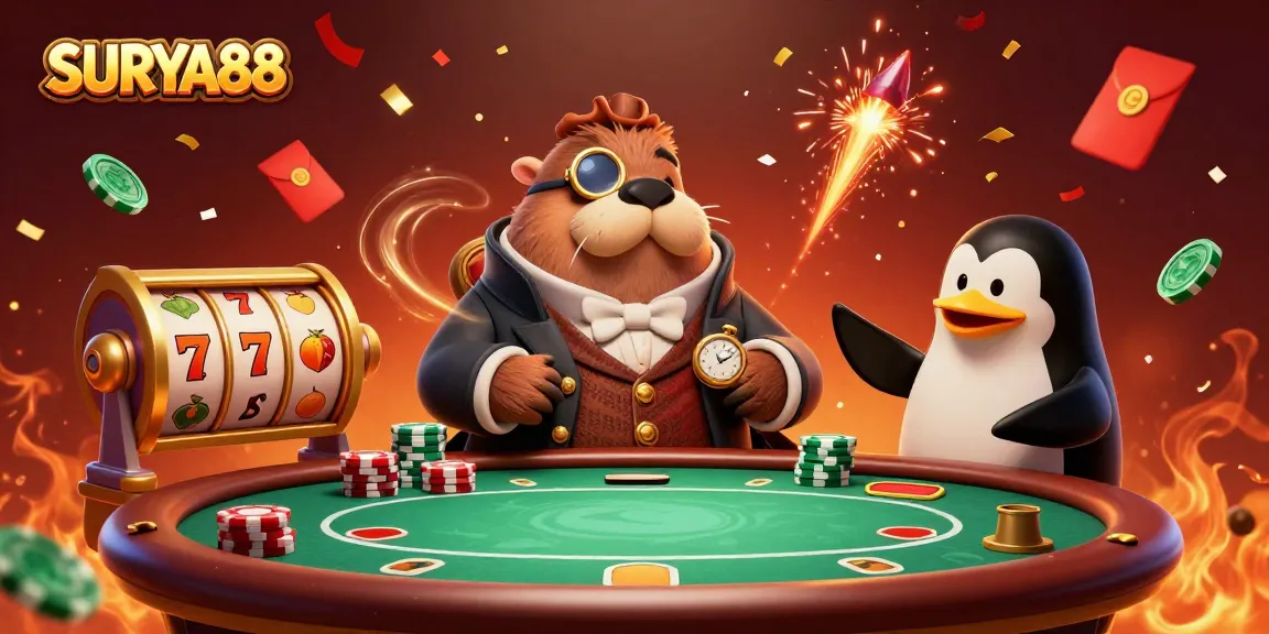 SURYA88 showcases a lively underwater casino with a walrus, penguin dealer, and pufferfish bluffer.