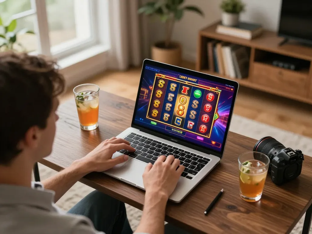Engaged player enjoying USBET online casino experience on a laptop in a cozy home environment