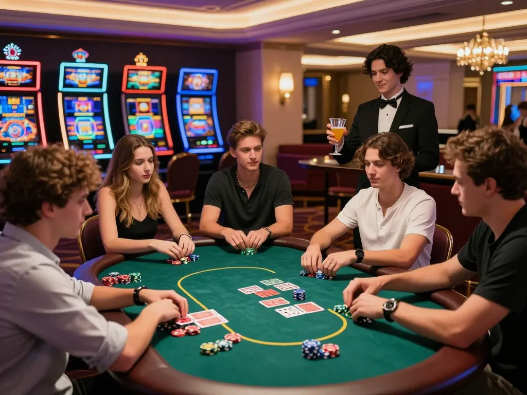 Social gambling experience at 8kbet's luxurious casino, dynamic players and vibrant atmosphere.