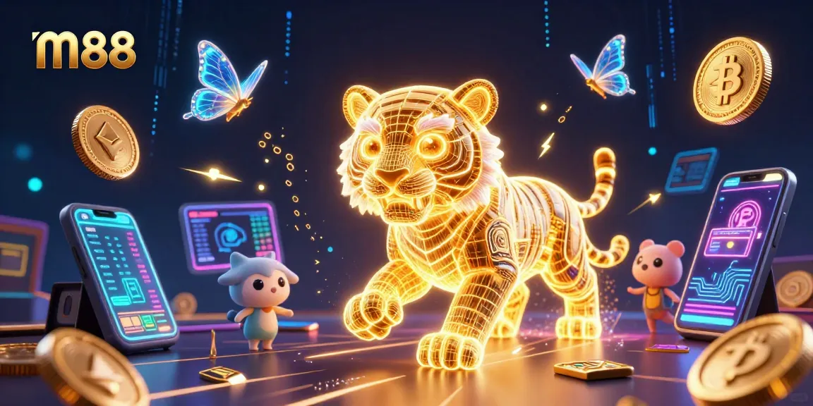 Experience thrilling m88 gameplay with a neon-wireframe tiger and crypto elements in a vibrant casino.