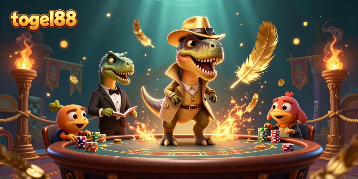 Encounter thrilling blackjack action with togel88 featuring a velociraptor card counter at the table.