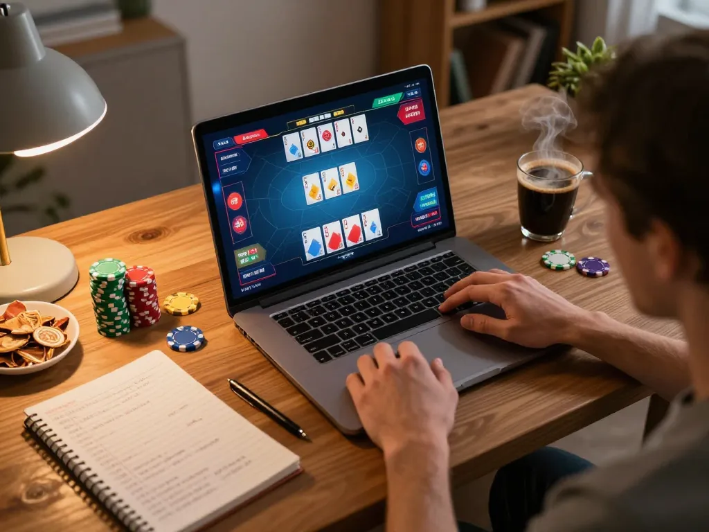 Player enjoying online poker at home, showcasing nhà cái rr88's vibrant gaming interface and strategic layout.