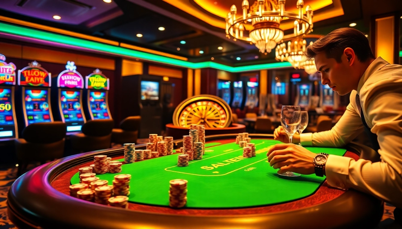 Win big at trang chủ sa88 with a vibrant casino scene featuring poker chips and a roulette wheel.