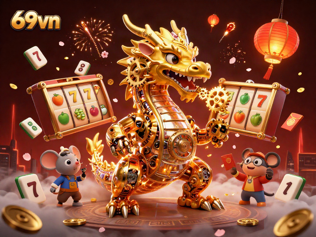 Engage with dynamic gaming action in 69vn featuring vibrant slot reels and golden dragon.