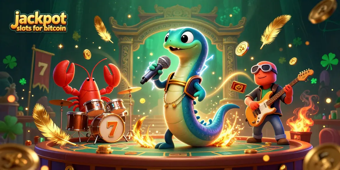Engage with jackpot slots for bitcoin in a lively underwater casino scene featuring an electric eel DJ.