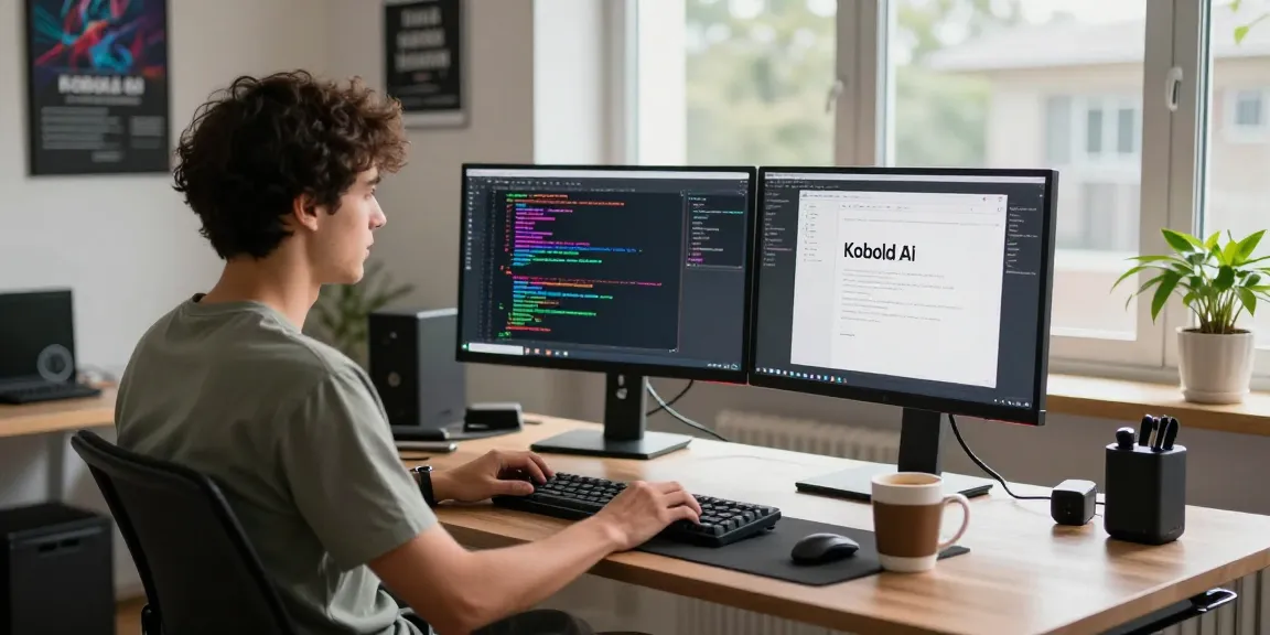 Kobold AI workspace featuring a developer coding on dual monitors with coffee and gadgets, showcasing an innovative tech environment.