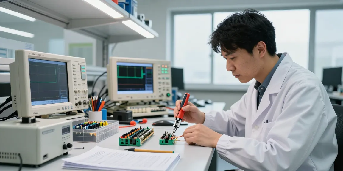 Engineer using wire crimp connectors and tools in a modern electronics lab setting.