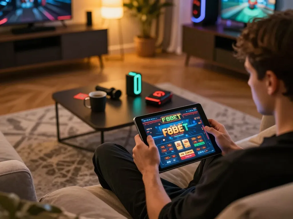 Engaged player exploring f8bet's online casino on a tablet in a cozy gaming setup.
