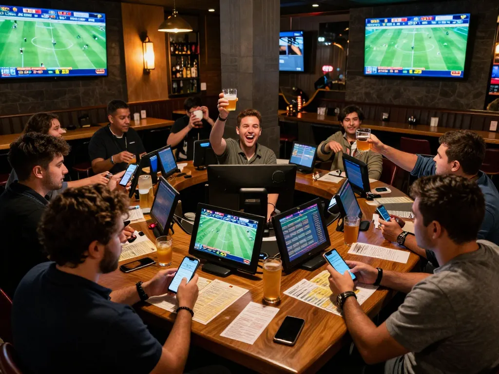 Kèo nhà cái displayed on smartphones as friends celebrate a sports betting win in an energetic bar scene