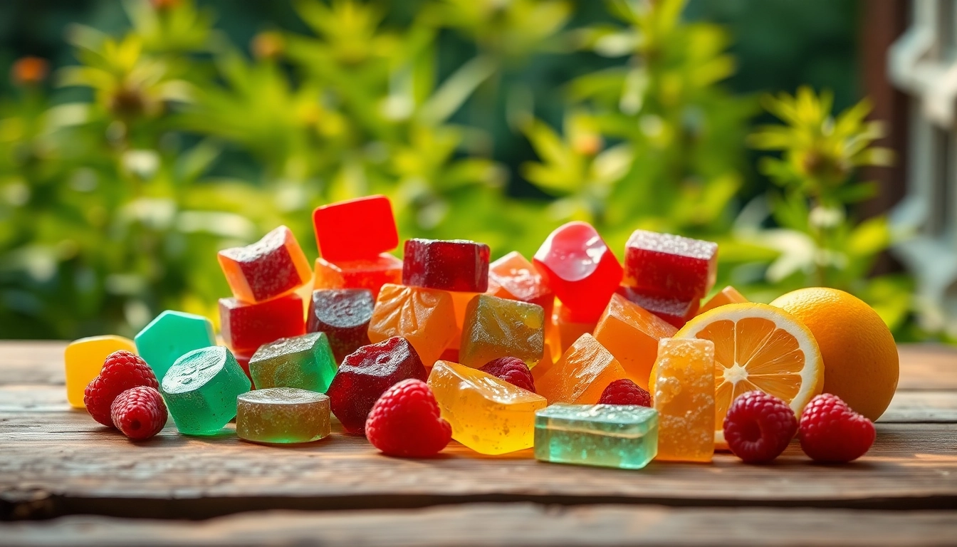 Enjoy Weed Gummies with vibrant flavors and fresh fruit accents on a rustic table.