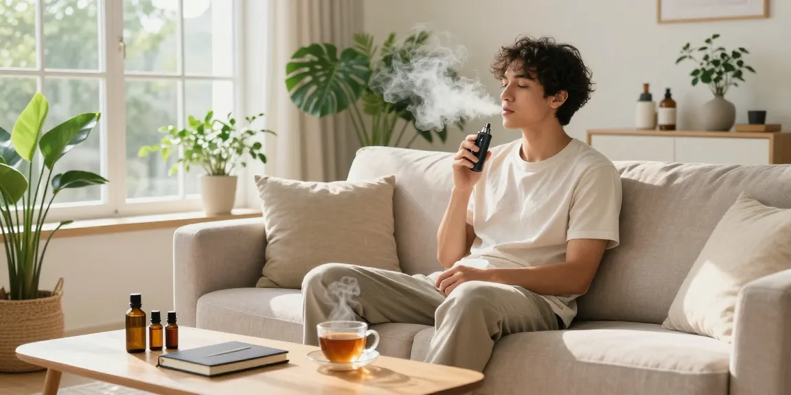 Live rosin vape cart used in a natural wellness setting with CBD oil and herbal tea, promoting relaxation.